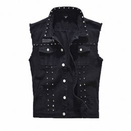 2021 Spring Autumn Men's Rivet Vest Vintage Wed Jean Vest Fi Men Sleevel Denim Jacket Casual Cowboy Waistcoats i43l#