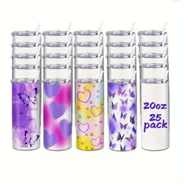 Kocdam 25pcs, Tumblers Bulk 20oz, Sublimation Blanks Skinny Straight with Lids and Straws Bulk, Stainless Steel Double Wall Polymer Coating Heat Transfer for
