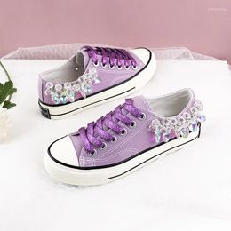 Casual Shoes Spring Fashion Sneakers Green Canvas Women's Handmade Bead Diamonds White Flat Unique Lady