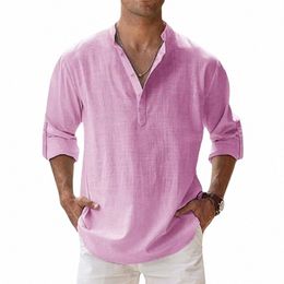 new Mens Linen Henley Collar Cott Shirts Casual Lg Sleeve Shirt Butt Down Loose T-Shirt for Men A0iL#