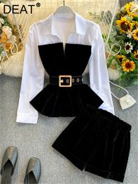 DEAT Spring Long Sleeve Patchwork Velvet Size Small Tops With Belt High Waist Shorts Two Piece Set Women MH334 240328