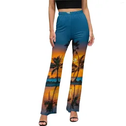 Women's Pants Palm Trees Sunset Print Elastic High Waist Sexy Flare Trousers Autumn Pattern Streetwear Birthday Gift