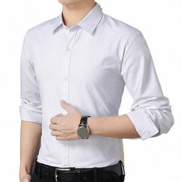 men Shirt Lapel Collar Single-breasted Lg Sleeve Breathable Sweat Absorpti Slim-Fit Busin Shirt Top o53Z#
