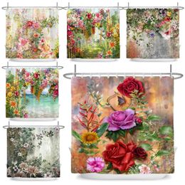 Shower Curtains Watercolor Flowers Curtain Rose Floral Bath Polyester Fabric Waterproof Bathroom With Hooks Screen