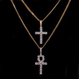 Iced Zircon Ankh Cross Necklace Jewellery Set Gold Silver Copper Material Bling CZ Key To Life Egypt Pendants Necklaces268H