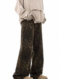 y2k Leopard Print Jeans for Women Luxury American Retro Streetwear Loose Korean Style Oversized Straight Baggy Wide Leg Jeans B15W#