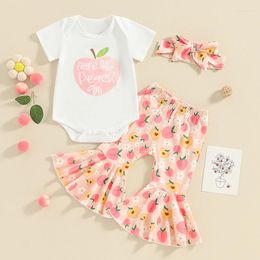 Clothing Sets 0-18months Baby Girls Summer 3pcs White Short Sleeve Romper Tops Peach Print Flared Pants Headband Infant