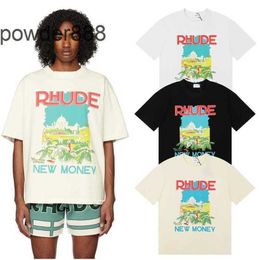 2023ss Fashion Rhude Castle Coconut Tree Window Sill Scenery Double Yarn Pure Cotton Casual Loose Short Sleeved T-shirt for Men and Women