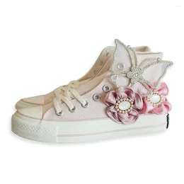 Casual Shoes Women Canvas High Top Sneakers For Wome Board Vulcanised Sneaker Fashion 3D Flower Handmade 2024