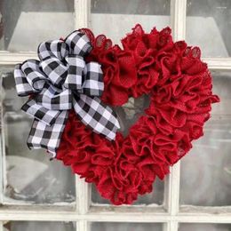 Decorative Flowers Front Door Wreathdecoration Valentine's Day Heart Shaped Wreath With Black White Bowknot Reusable Indoor/outdoor For