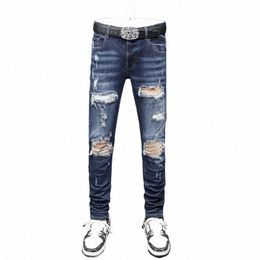 high Street Fi Men Jeans Retro Dark Blue Stretch Skinny Fit Ripped Jeans Men Leather Patched Designer Hip Hop Brand Pants H8t4#