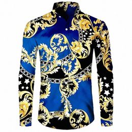 2024 New Luxury Golden Fr Chain 3D Print Men Lg Sleeve Shirt Casual Mens Designer Clothing Streetwear Lapel Butt Shirts Q8oA#