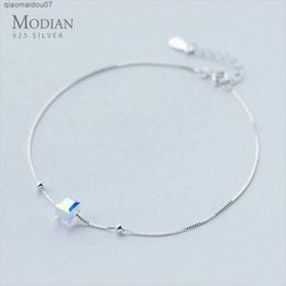 Anklets Modian 3D Square Fashion Leg Silver Bracelet 925 Sterling Silver Ankle Womens Natural Crystal Stone Fashion JewelryL2403