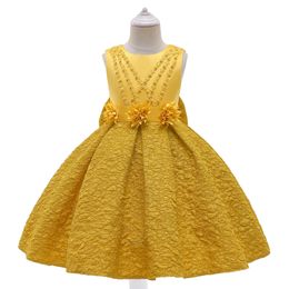 Summer Gold Bow Kids Party Dress For Girl Children Costume Elegant Flower Wedding Birthday Princess Dresses Evening Girls Clothe 240318