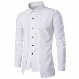 stand Collar Fake Two-piece Men Shirt Double Placket Lapel Lg Sleeve Slim Fit Formal Blazer Shirt Tops Fi Social Shirt 82Je#
