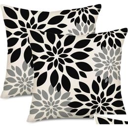 Cushion/Decorative Pillow Black Grey White Ers 20X20 Inch Set Of 2 Dahlia Floral Decor Throw Pillows Drop Delivery Home Garden Textile Ot6J5