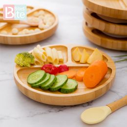 Gravestones 1set Baby Toddler Feeding Suction Plate and Soft Tip Spoon Babies Set Divided Bamboo Stay Put Plates Bpa Free Baby