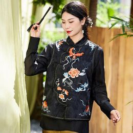 Ethnic Clothing Spring And Autumn Chinese Style Tang Suit Retro Standing Collar Single Breasted Exquisite Embroidered Woman Vest Top S-XXL