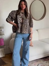 Leopard Bow Lace Up Women Shirts Blouses 2024 Loose Solid Puff Sleeve Pleat Shirt Top Spring Summer Cropped Lady Streetwear 240328