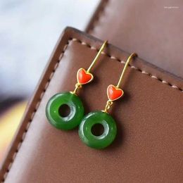 Dangle Earrings Natural An Jade Long Style For Women Inlaid Southern Red Tourmaline Heart Shaped Earings Vintage Ideas Jewelry