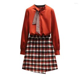 Work Dresses Spring Autumn Plaid Two-piece Set For Women Scarf Collar Blouse Tops And Mini Skirt Female Large Size Slim Loose Matching Suits