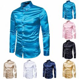 men Shirt Silk Satin Luxury Smooth Mens Solid Tuxedo Busin Shirts Men Casual Slim Fit Blouse Shiny Gold Wedding Dr Shirts E8tg#