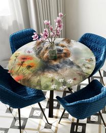 Table Cloth Watercolour Flower Pet Dog Butterfly Round Tablecloth Elastic Cover Rectangle Waterproof Dining Decoration Accessorie