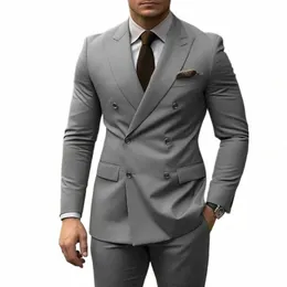 latest Blazer Pants Design Slim Fit Suits For Men 2 Piece grey Double Breasted Groom Wedding Tuxedos Costume Homme 24K2#