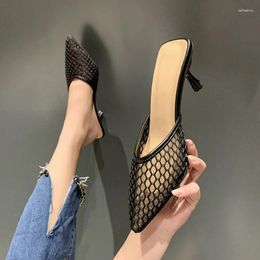 Slippers 2024 Mesh Women Summer Shoes Fashion Knitted Elastic Pointed Slides Spike Heels Beige Mules High