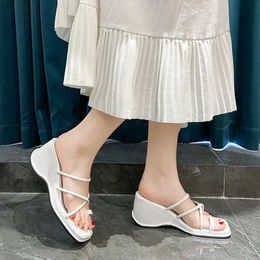 Slippers Outwardly Wearing Wedges for Women Summer Square Toe Sandals 8cm High Heel Beach Slides Woman Solid Walking Shoes H240328