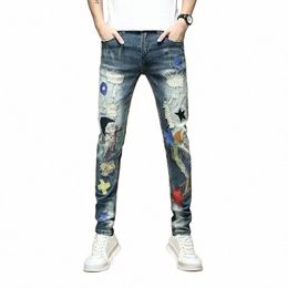 male Cowboy Pants Torn Star Trousers with Holes Jeans for Men Broken Embroidery Ripped Cropped Korean Fi Wed Casual Soft Y6qL#