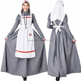 women Nightingale Cosplay Costume Historic Victorian War Nurse Maid Dr Women Lg Dr with Apr Halen Cosplay Costume F8t5#