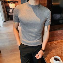 Men's T-Shirts 2023 Men T Shirt Turtleneck Short Sleeve Fitness Korean Summer Men Clothing Solid Colour Fashion Casual Male Tee Tops 5XL24328