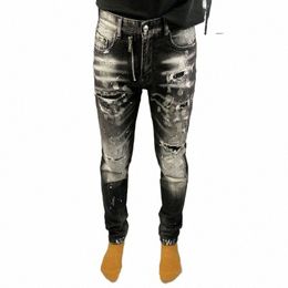 high Street Fi Men Jeans Retro Black Grey Stretch Slim Fit Ripped Jeans Men Painted Designer Patched Hip Hop Brand Pants v2qE#