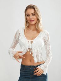 Women's T Shirts Women S Sexy Floral Lace Neck Shirt Flared Long Sleeve Front Bowknot Sheer Mesh Crop Tops Outerwear