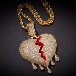 Iced Out Broken Heart Pendant Necklace Mens Womens Fashion Hip Hop Jewellery Gold Silver Water Drop Necklaces259h