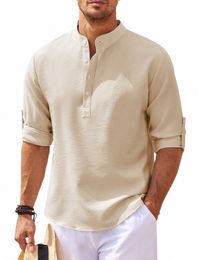 cott Linen Hot Sale Men's Lg-Sleeved Shirts Spring Autumn Solid Colour Stand-Up Collar Casual Beach Style Plus Size S-5XL j1fL#