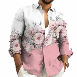 fi 2023 Men's Shirt Floral Pattern 3D Printing Pink Blue Purple Grey Outdoor Street Lg Sleeve Clothing Designer Casual 36Ud#