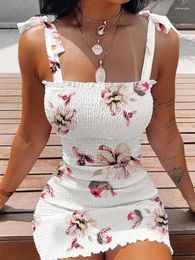 Casual Dresses Sexy Boho Woman Dress 2024 Summer Fashion Bodycon Spaghetti Strap White Print Beach Party For Women Robe Femme