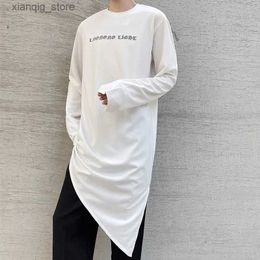 Men's T-Shirts 2023 Irregular Design Punk Hip Hop Long T Shirt For Men Letters Embroidery Black White Side Slit Tees Tops24328