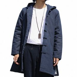 winter Chinese Style Loose Plus Size Hooded Lg Coat Retro Oversize Parkas Navy Thick Jacket Men Clothing Casual Tang Suit Male Y93M#