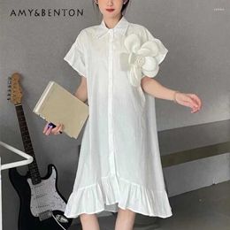 Casual Dresses Fashion Mid-Length French Style Vestidos Three-Dimensional Flower Shirt Dress Women's Youthful-Looking Retro Chic Blusas