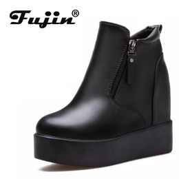 Boots Fujin 11cm Platform Wedge Hidden Heel Women Ankle Boots Flock Leather Warm Female Wedge Shoes Zipper Winter Shoes Sneakers 2021