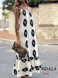 KONDALA 2023 Womens Fashion Asymmetric Neckline Printed dress Vacation Style Woven Adjustable Tie Strap Loose Female Midi Dress 240315