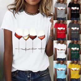 Women's T Shirts Wine Glass Printed Shirt Short Turtle Neck For Women Basics Woman Summer Silky Tops