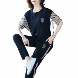 women's Spring And Summer New Casual Suit Fi Korean Splicing Colour Sports Short Sleeve Crop Top Pencil Pants Two Piece Set K5ts#