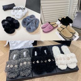 Channeles CF Furry Fur Mohair Slippers Mules Mink Women Faux Cross Strap Closed Toe Mule Loafer Shoes Interlocking C Chain Pearl Clover Buckle Slides