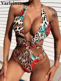 Women's Swimwear Leopard Floral Metal Ring Wrap Around Cut Out Monokini One Piece Swimsuit Women Swimwear Female Bather Bathing Suit Swim V3713 T240328