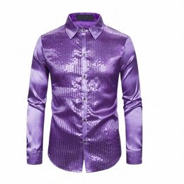 men Shirt Club Dance Shirt Shiny Sequin Lapel Single-breasted Slim Fit Glossy Lg Sleeve Performance Men Top j8HL#