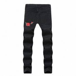 ripped Mens Skinny Jeans for Men with Frs Rose Embroidered Men's Denim Black Stretching Jeans Plus Size 40 42 Pants n6rb#